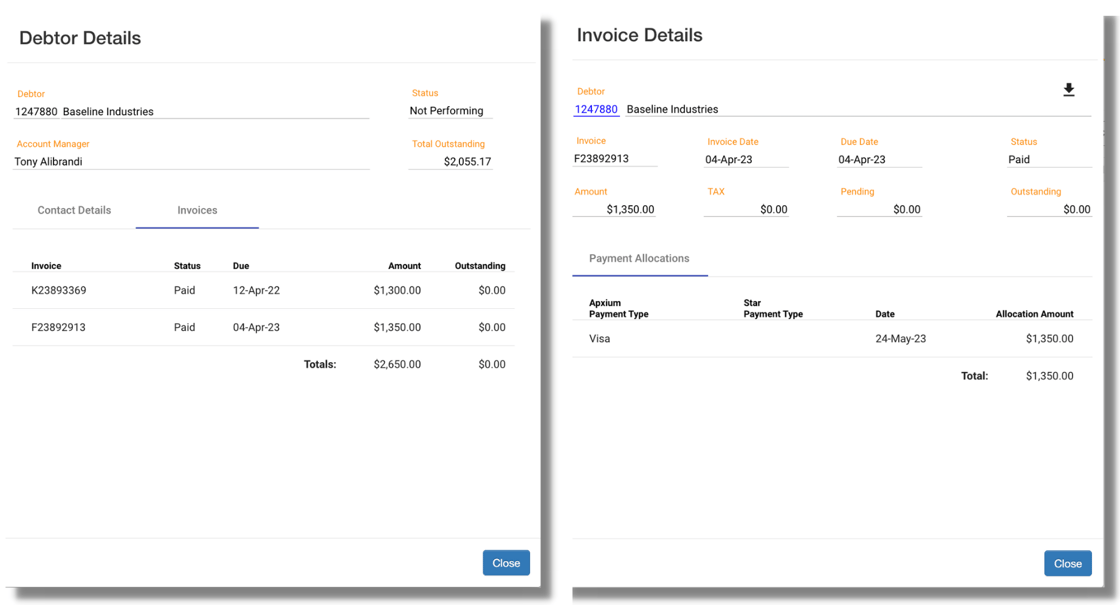 Debtor Details - Invoices page & Payment Allocations